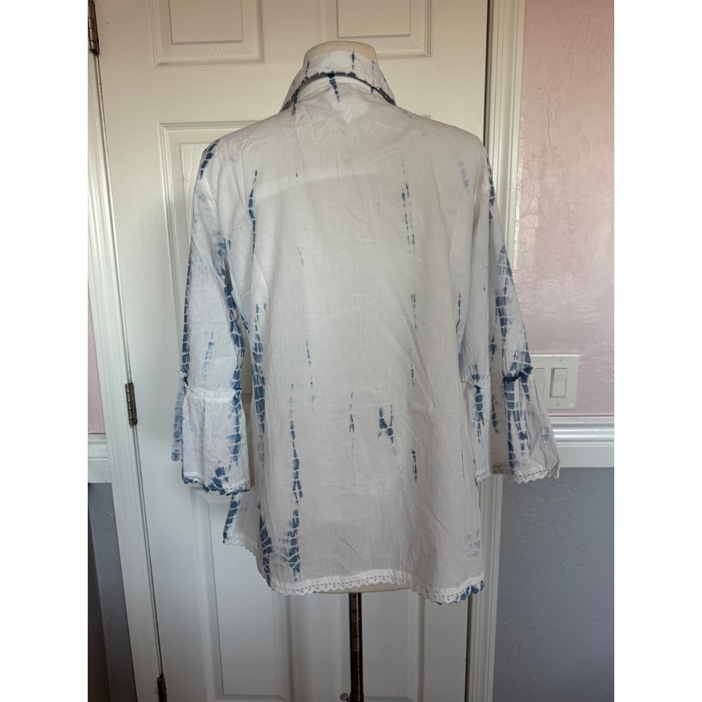 Parsley & Sage Womens Boho Tie Dye Embroidered Button Front Blouse White Blue M - Picture 7 of 12